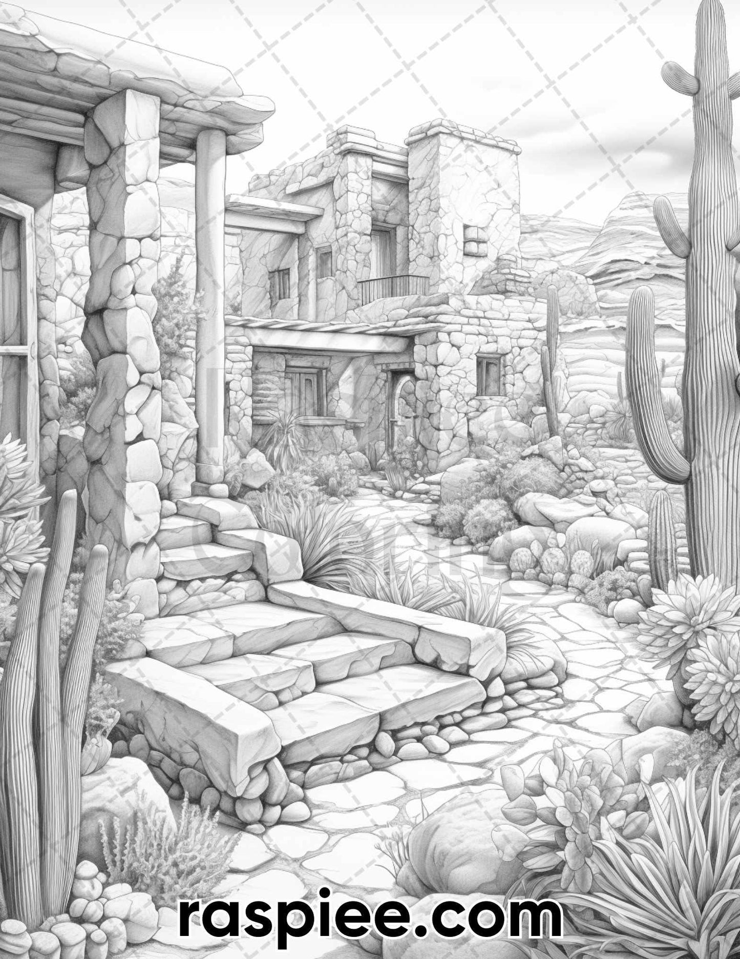 55 Desert Oasis Fairy Homes Grayscale Coloring Pages for Adults, Printable PDF Instant Download