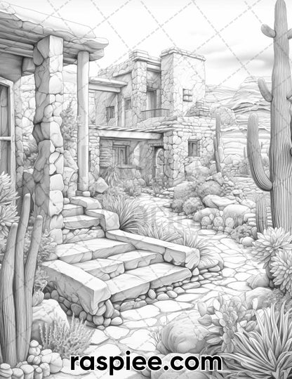 55 Desert Oasis Fairy Homes Grayscale Coloring Pages for Adults, Printable PDF Instant Download