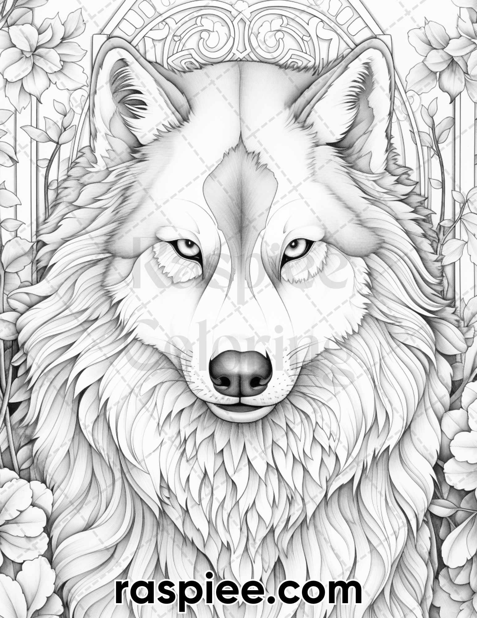 50 Winter Wolf Grayscale Coloring Pages for Adults, Printable PDF Instant Download