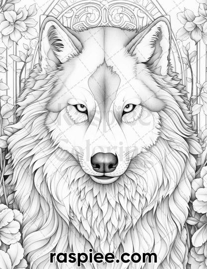 50 Winter Wolf Grayscale Coloring Pages for Adults, Printable PDF Instant Download