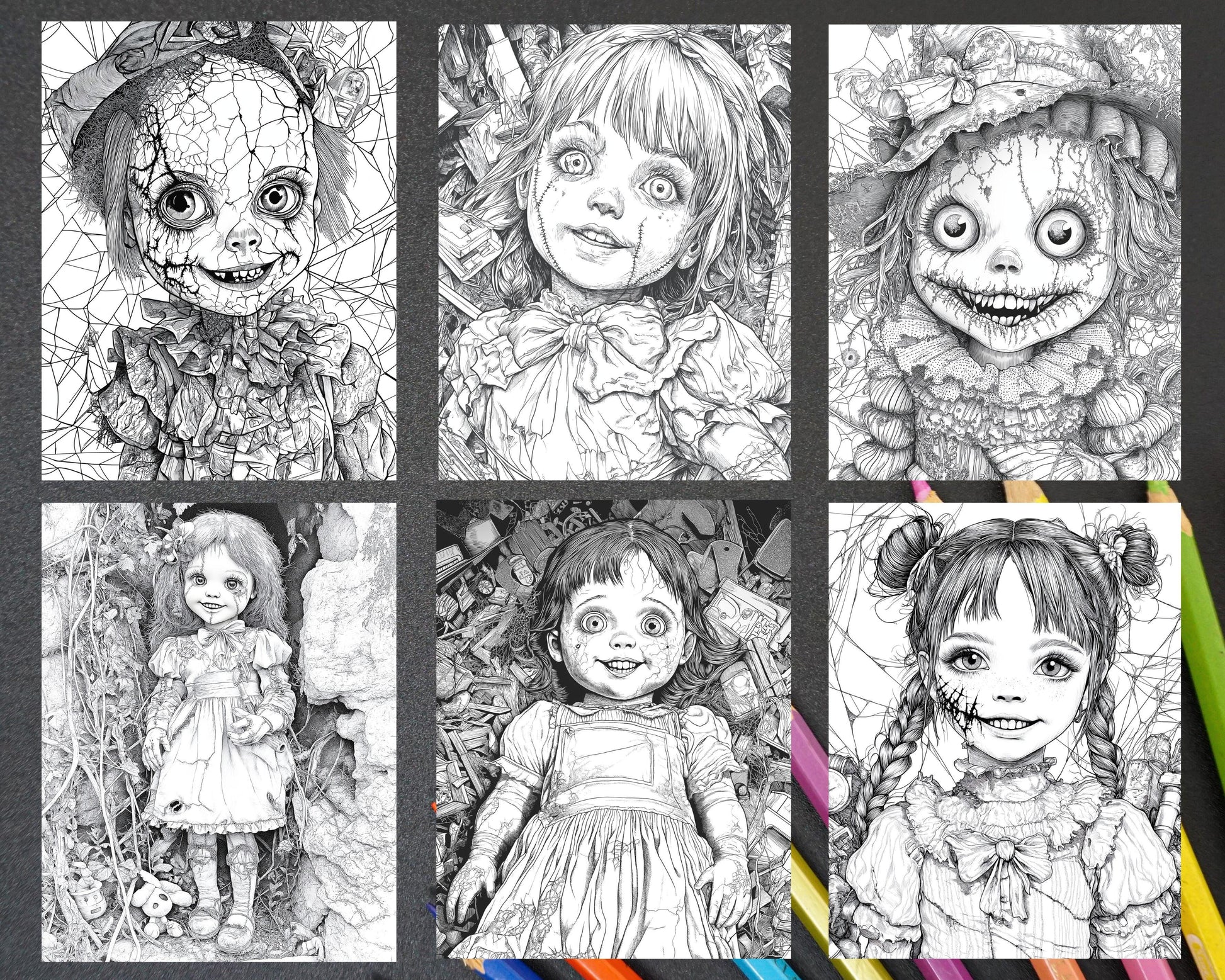 Haunted Dolls Halloween Horror Adult Coloring Pages Printable PDF Instant Download