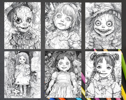 Haunted Dolls Halloween Horror Adult Coloring Pages Printable PDF Instant Download