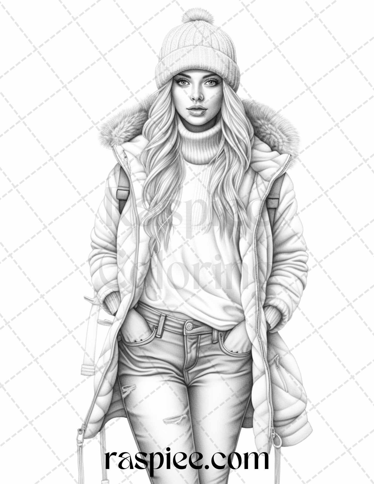40 Winter Fashion Grayscale Coloring Pages Printable for Adults, PDF File Instant Download