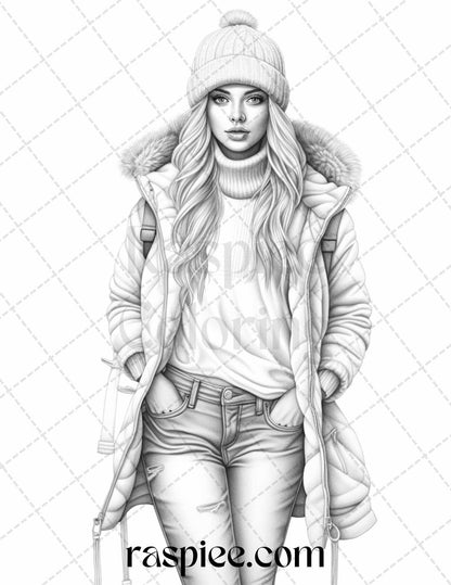 40 Winter Fashion Grayscale Coloring Pages Printable for Adults, PDF File Instant Download