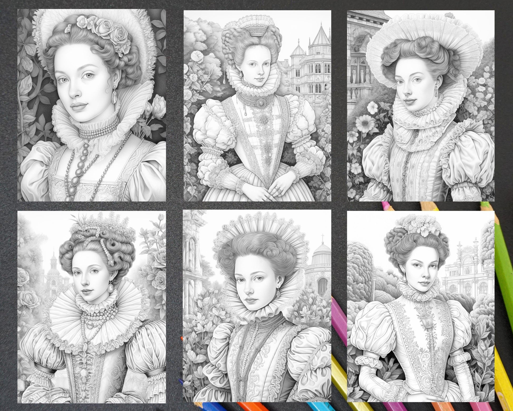 65 Elizabethan Women Portraits Grayscale Adult Coloring Pages, Printable PDF Instant Download