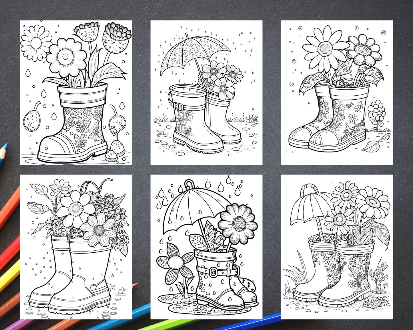 50 Printable Flower Rainboot Coloring Pages for Adults, Floral Grayscale Coloring Page, Printable PDF File Download
