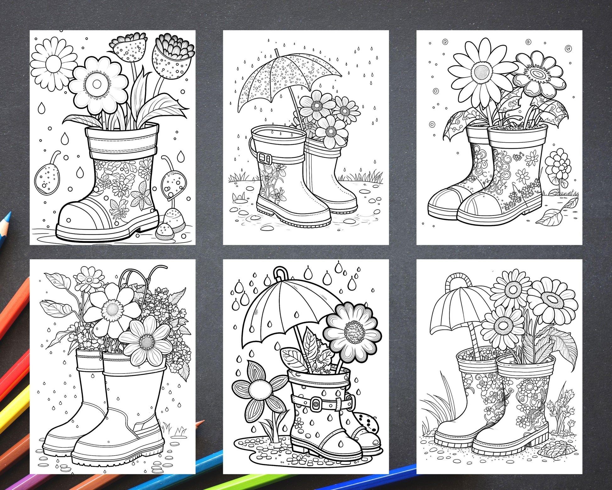 50 Printable Flower Rainboot Coloring Pages for Adults, Floral Grayscale Coloring Page, Printable PDF File Download