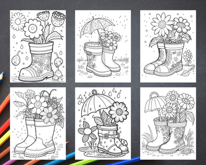 50 Printable Flower Rainboot Coloring Pages for Adults, Floral Grayscale Coloring Page, Printable PDF File Download