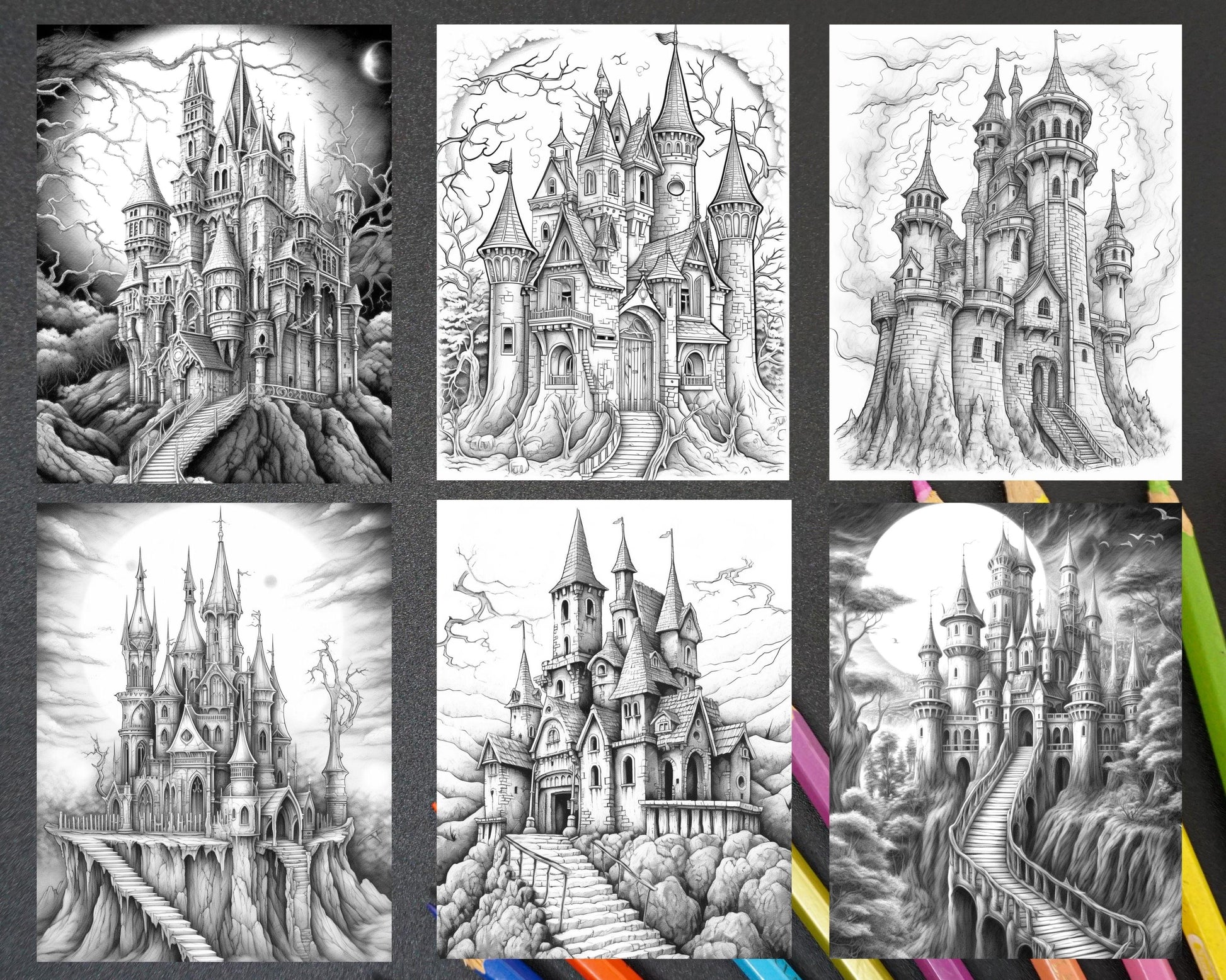 50 Haunted Castles Grayscale Coloring Pages Printable, Halloween Coloring Book, PDF File Instant Download