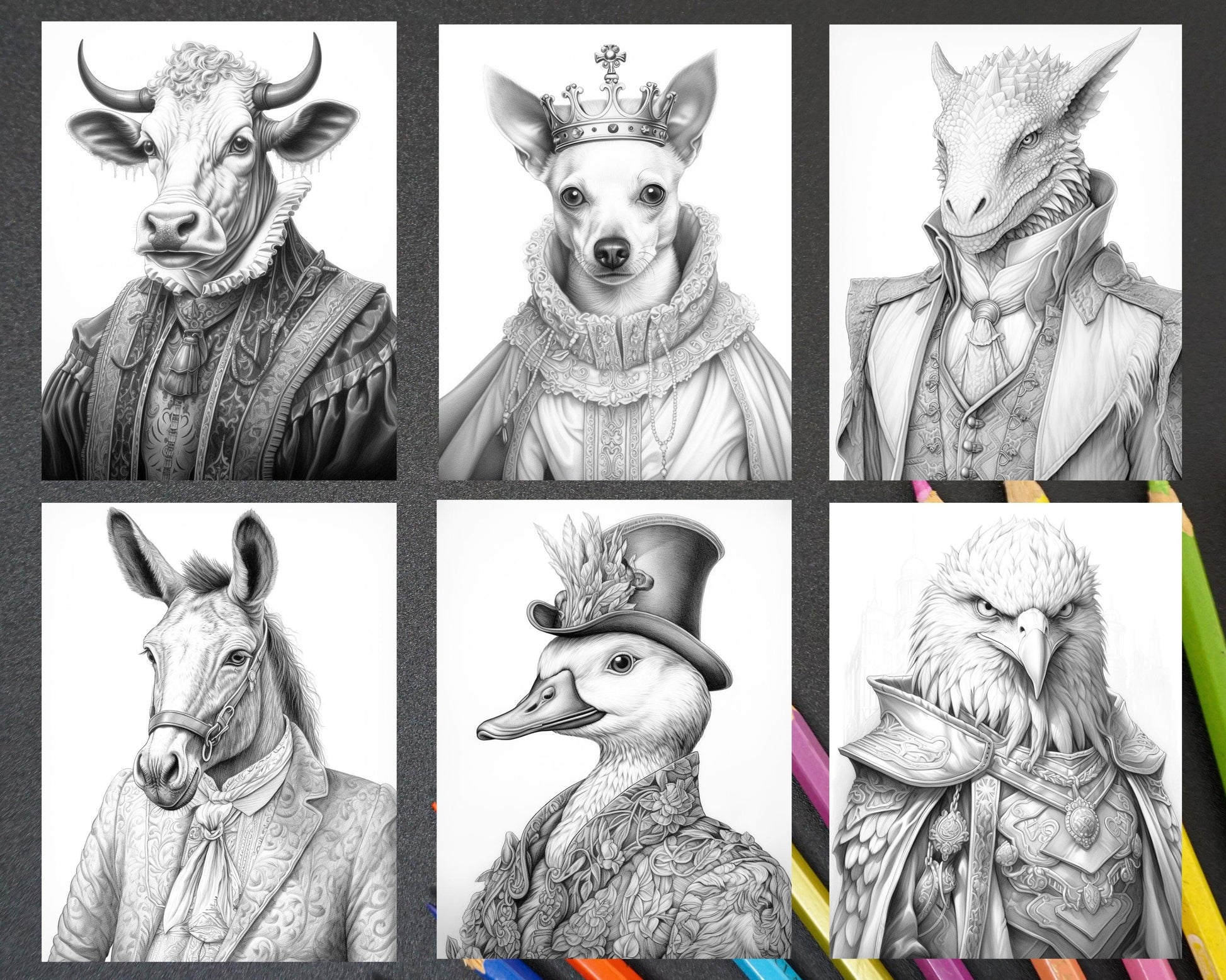 80 Gothic Animals Grayscale Adult Coloring Pages, Printable PDF Instant Download