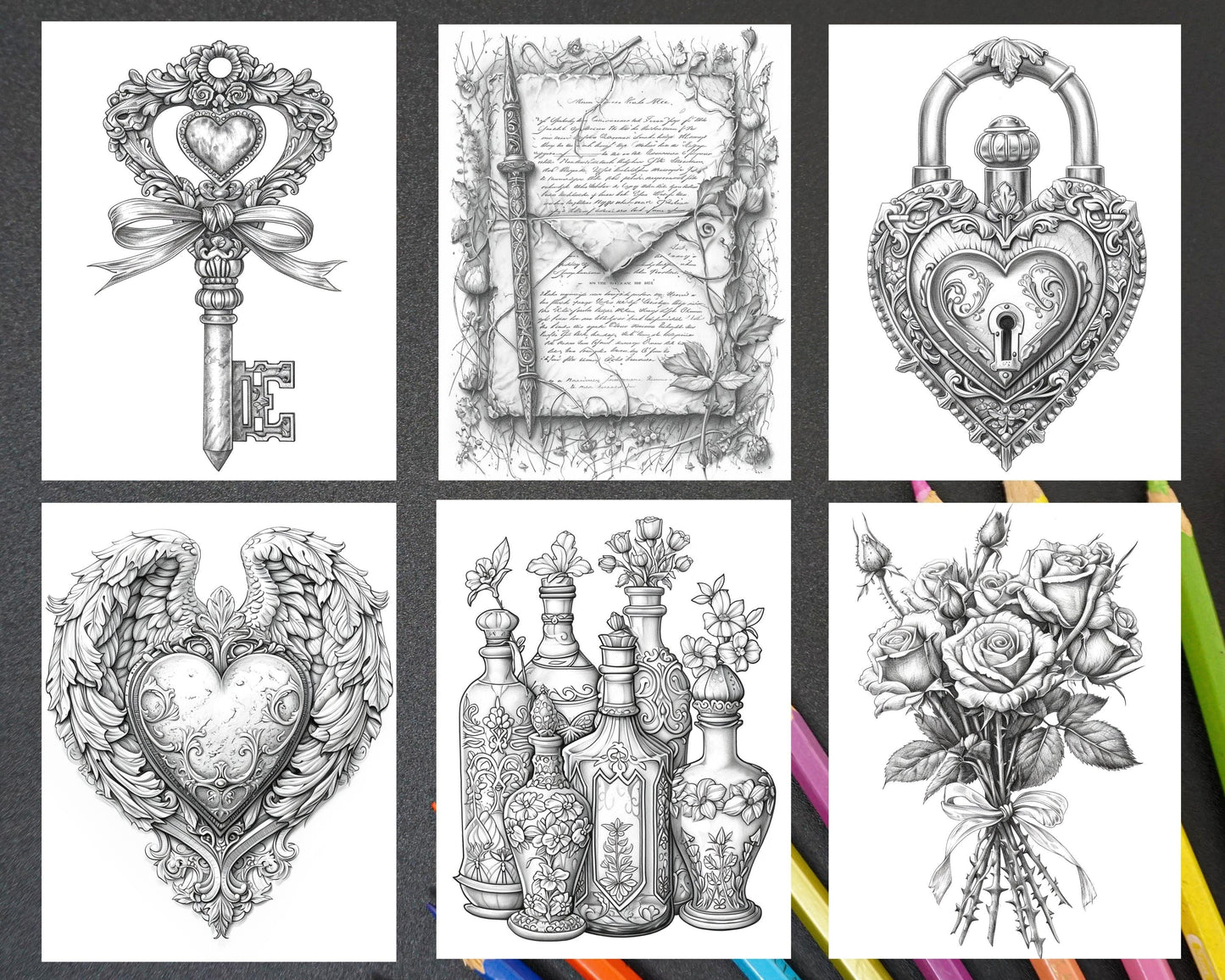 55 Gothic Valentines Day Grayscale Adult Coloring Pages, Printable PDF Instant Download