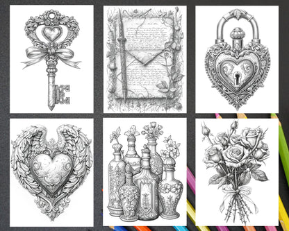 55 Gothic Valentines Day Grayscale Adult Coloring Pages, Printable PDF Instant Download