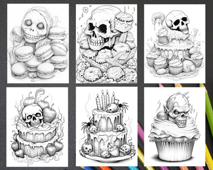 68 Halloween Spooky Desserts Grayscale Coloring Pages Printable for Adults, PDF File Instant Download