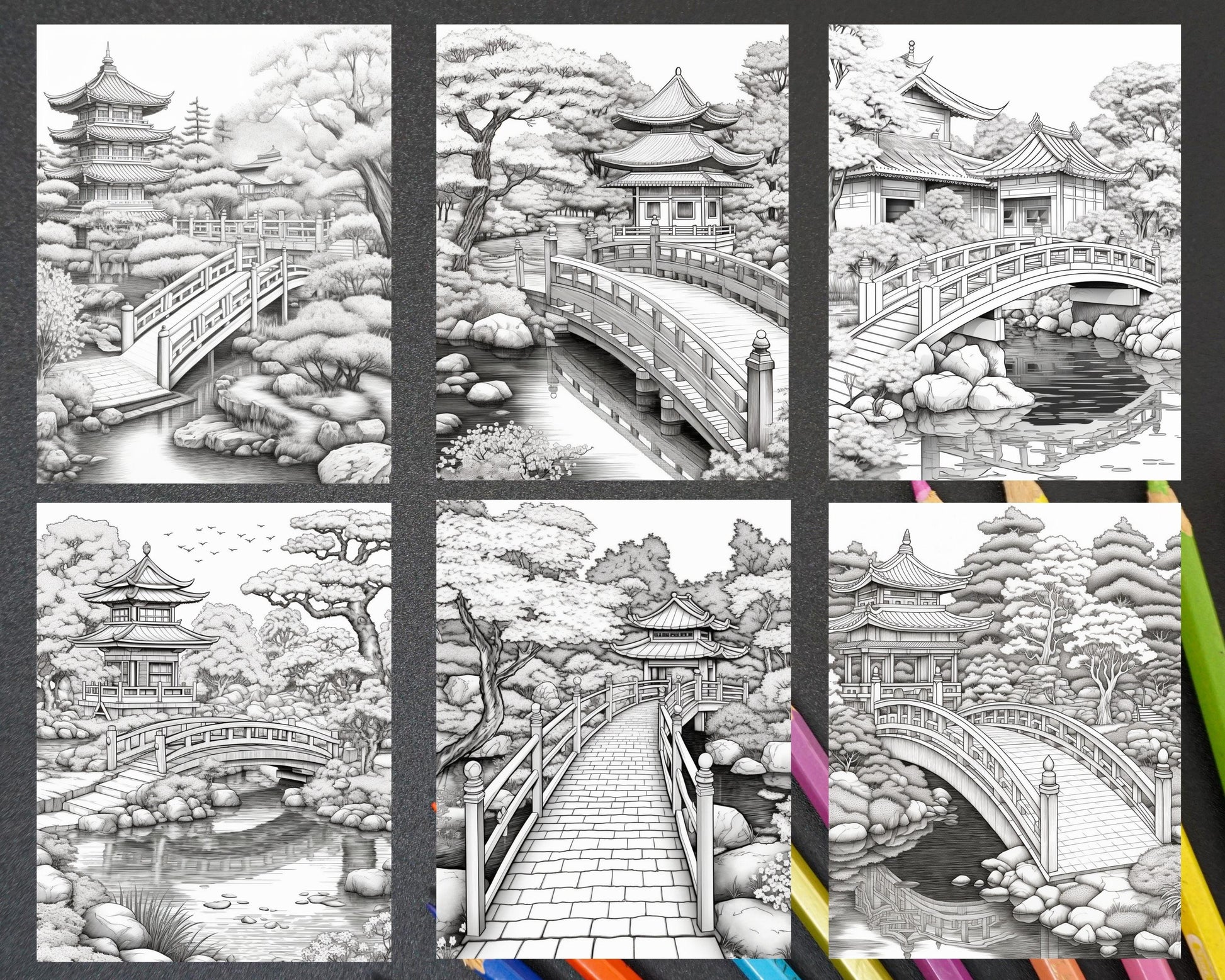 Japanese Garden Grayscale Coloring Pages Printable for Adults, PDF File Instant Download
