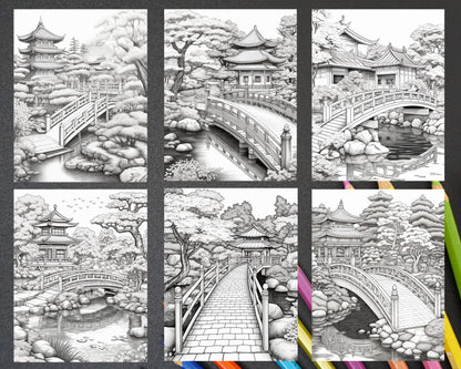 Japanese Garden Grayscale Coloring Pages Printable for Adults, PDF File Instant Download
