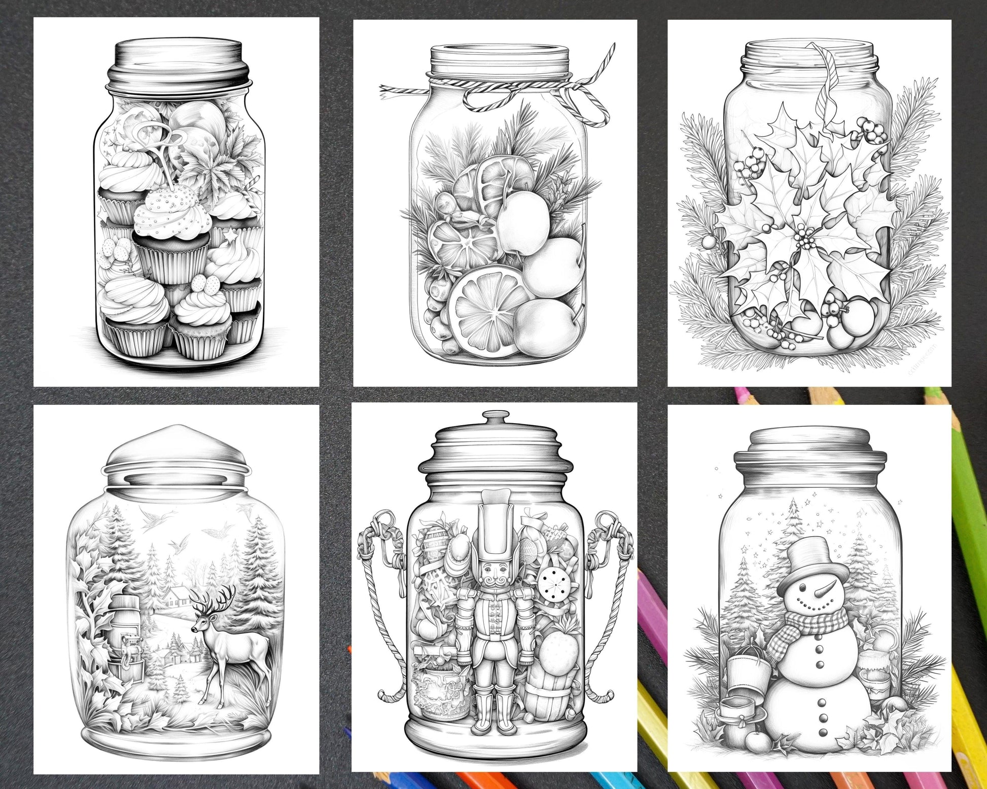 60 Christmas In Jar Grayscale Coloring Pages for Adults, Printable PDF Instant Download
