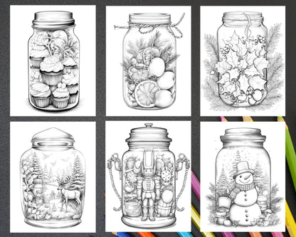60 Christmas In Jar Grayscale Coloring Pages for Adults, Printable PDF Instant Download