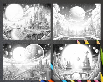55 Celestial Landscapes Grayscale Coloring Pages Printable for Adults, PDF File Instant Download