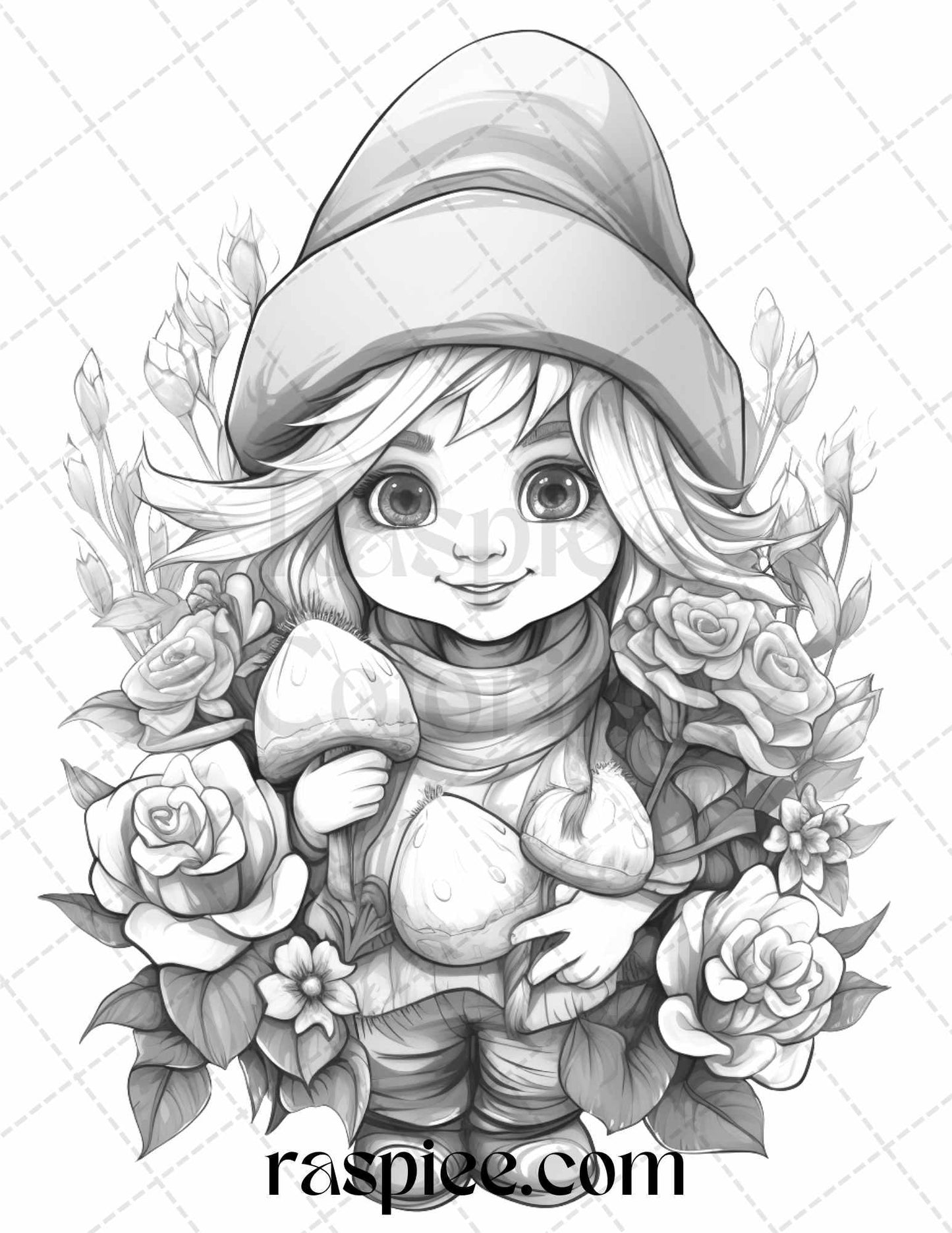 50 Flower Gnomes Grayscale Coloring Pages Printable for Adults Kids, PDF File Instant Download