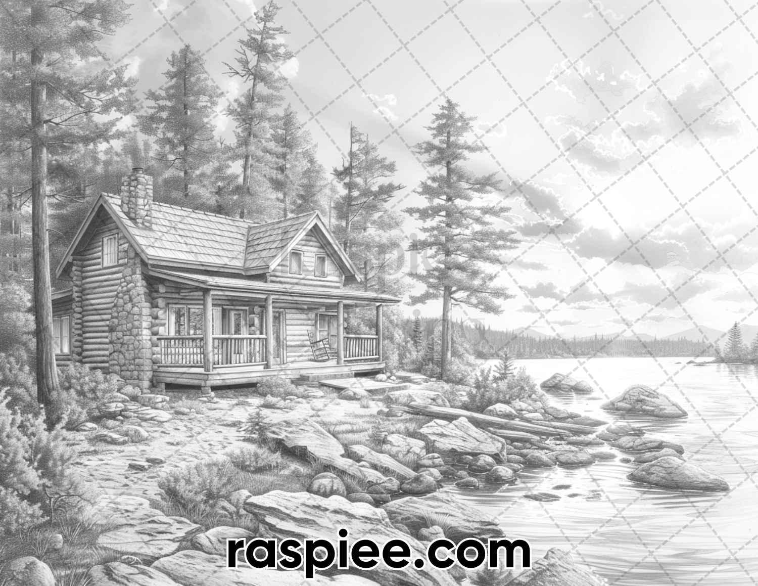 62 Serene Lakeside Cabins Grayscale Adult Coloring Pages, Printable PDF Instant Download