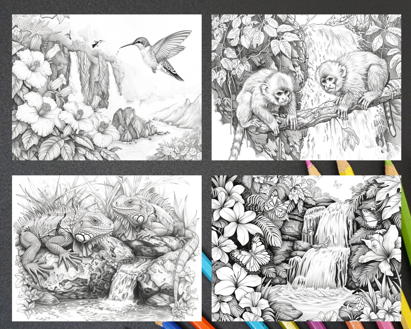 65 Rainforest Waterfall Grayscale Adult Coloring Pages, Printable PDF Instant Download