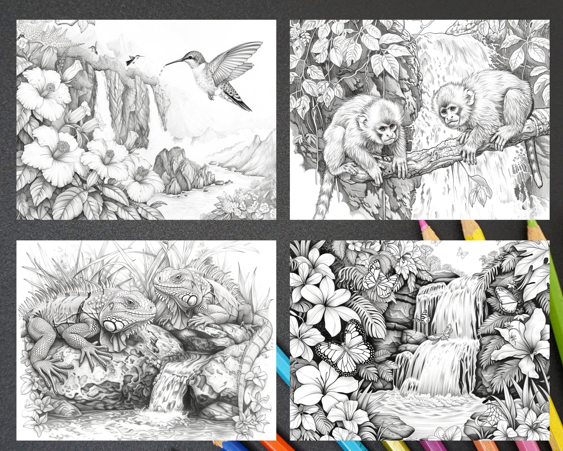 65 Rainforest Waterfall Grayscale Adult Coloring Pages, Printable PDF Instant Download