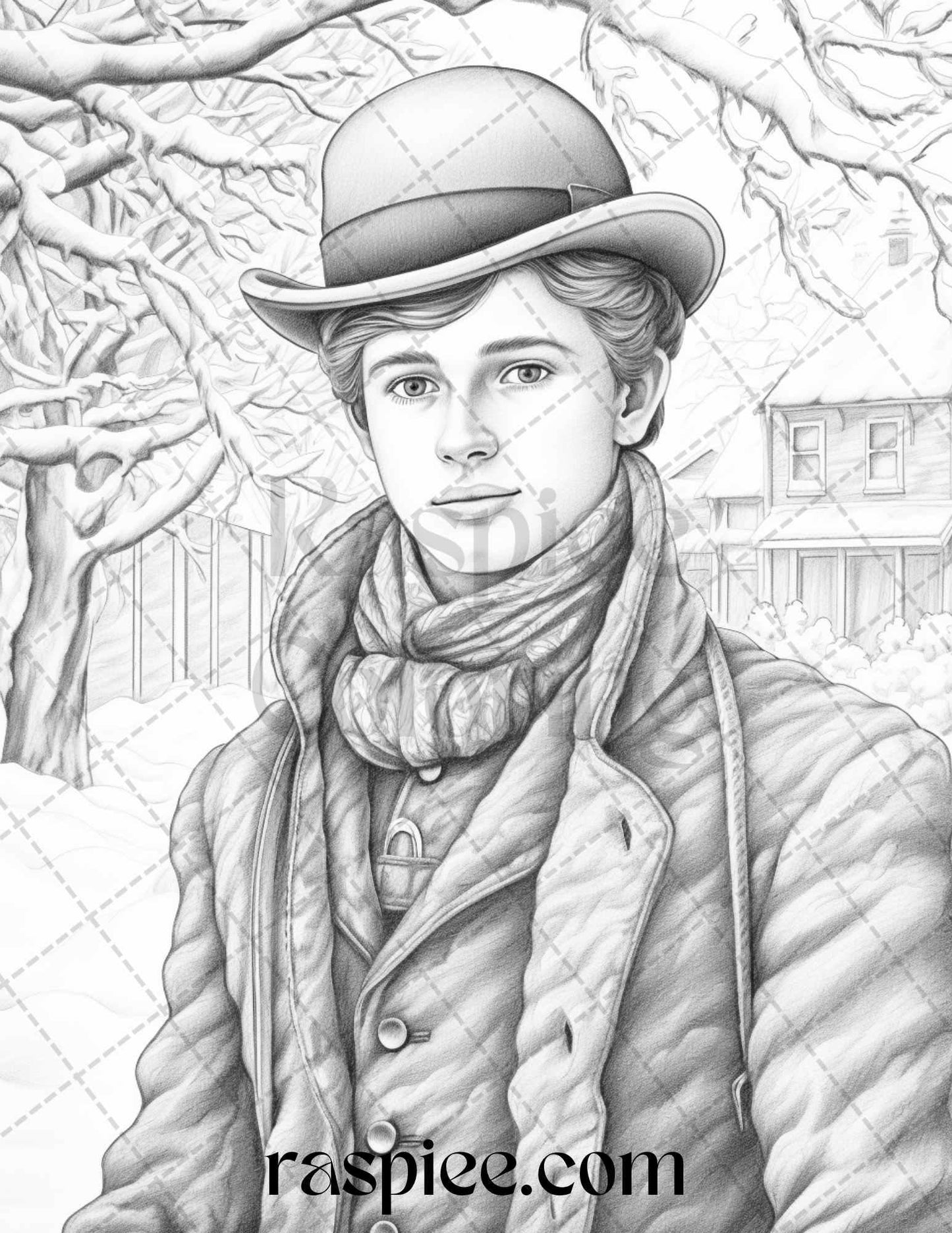 60 Victorian Winter Portrait Grayscale Coloring Pages Printable for Adults, PDF File Instant Download