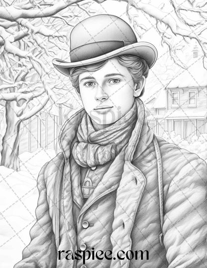 60 Victorian Winter Portrait Grayscale Coloring Pages Printable for Adults, PDF File Instant Download