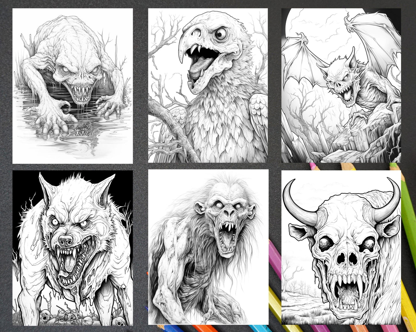 66 Horror Zombie Animals Grayscale Coloring Pages Printable for Adults, PDF File Instant Download