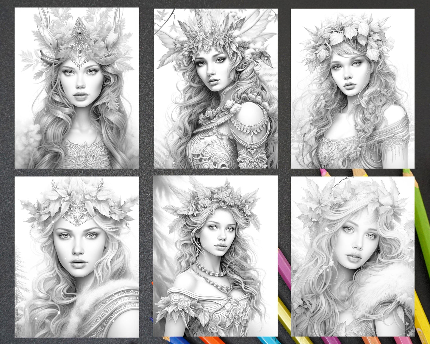 50 Winter Fairy Grayscale Coloring Pages Printable for Adults, PDF File Instant Download