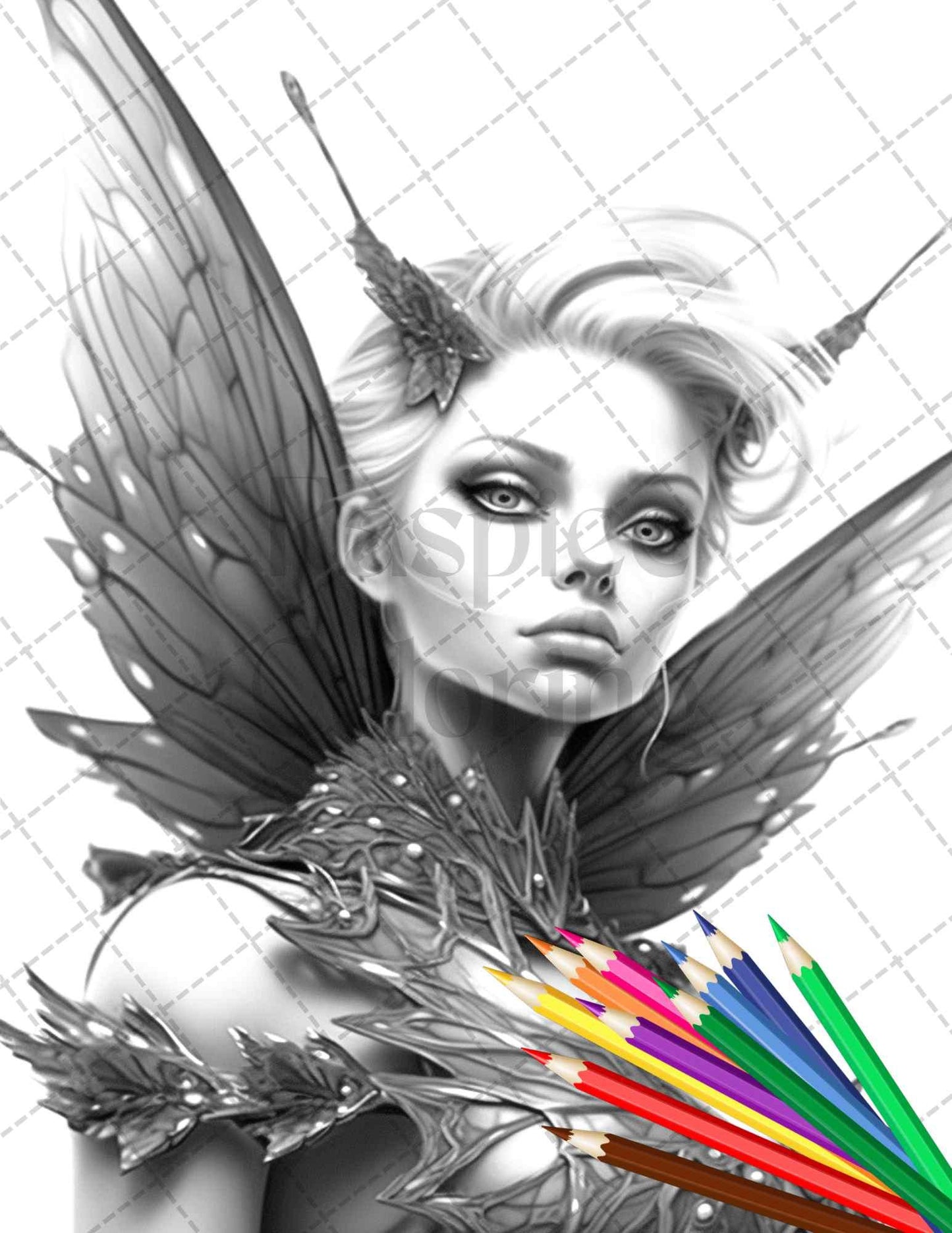 Beautiful Dark Fairy Grayscale Coloring Pages Printable for Adults, PDF File Instant Download