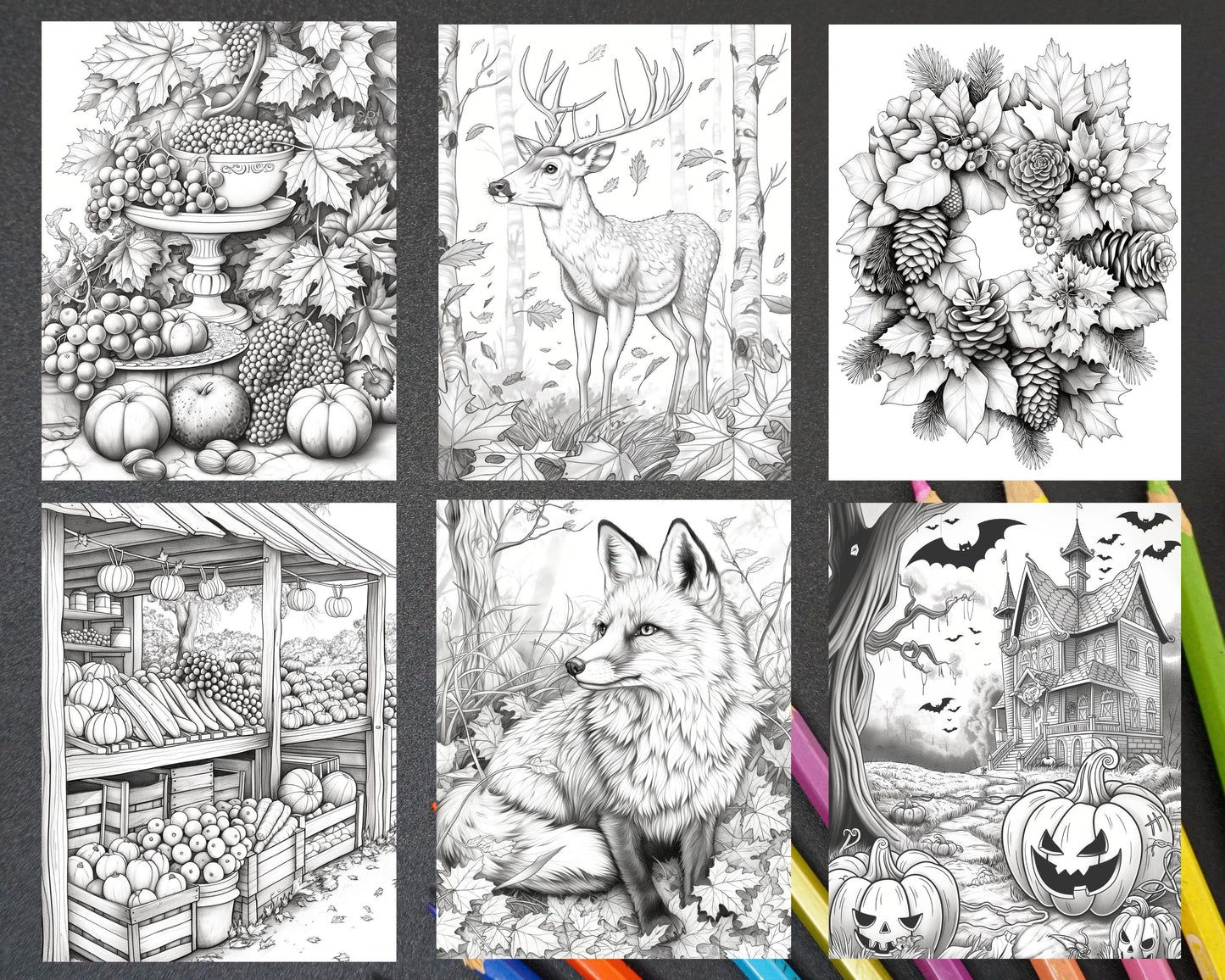 60 Relaxing Autumn Grayscale Adult Coloring Pages Printable PDF Instant Download