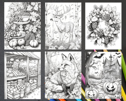 60 Relaxing Autumn Grayscale Adult Coloring Pages Printable PDF Instant Download