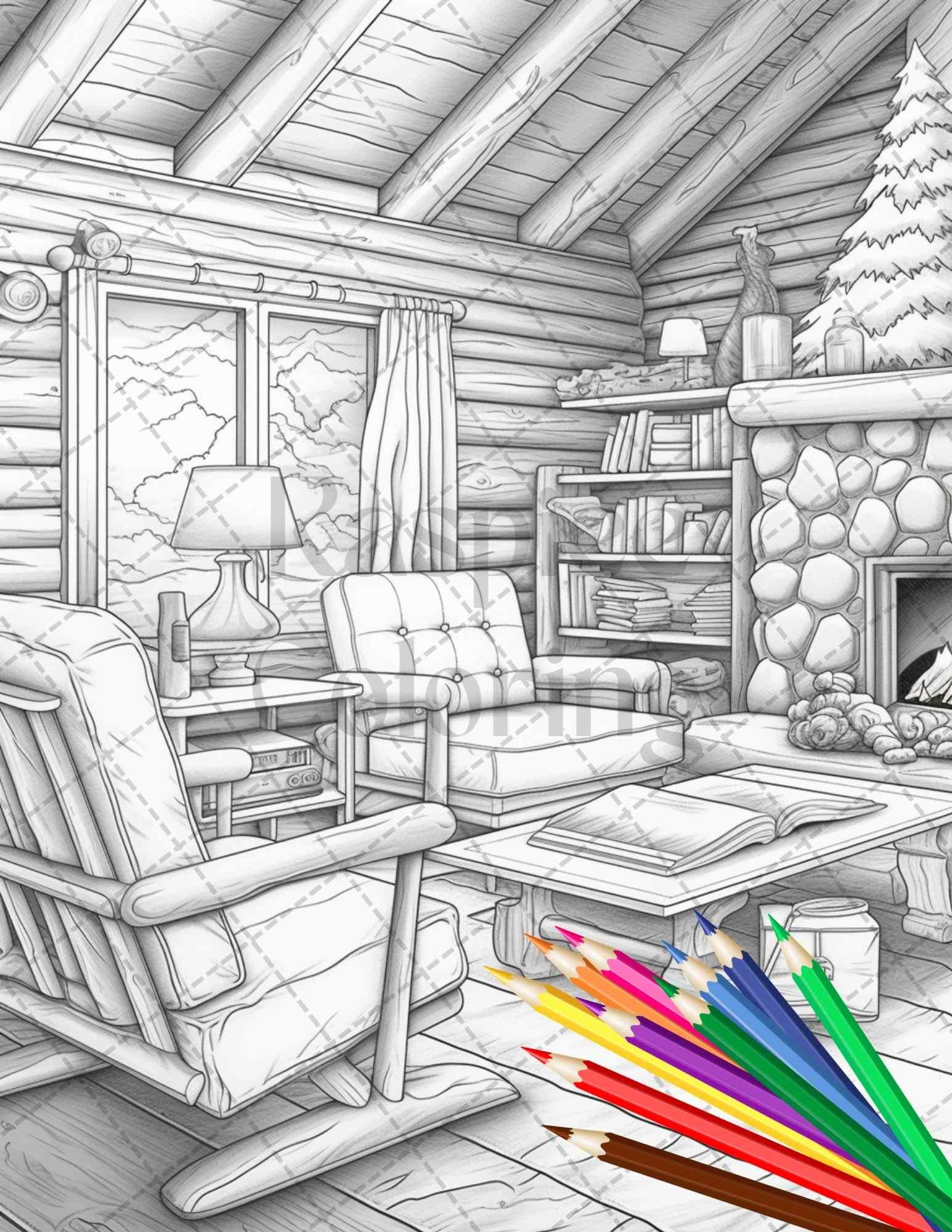 Cozy Cabin Interior Grayscale Coloring Pages Printable for Adults, PDF File Instant Download