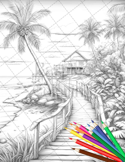 Beautiful Tropical Beach Grayscale Coloring Pages Printable for Adults, PDF File Instant Download