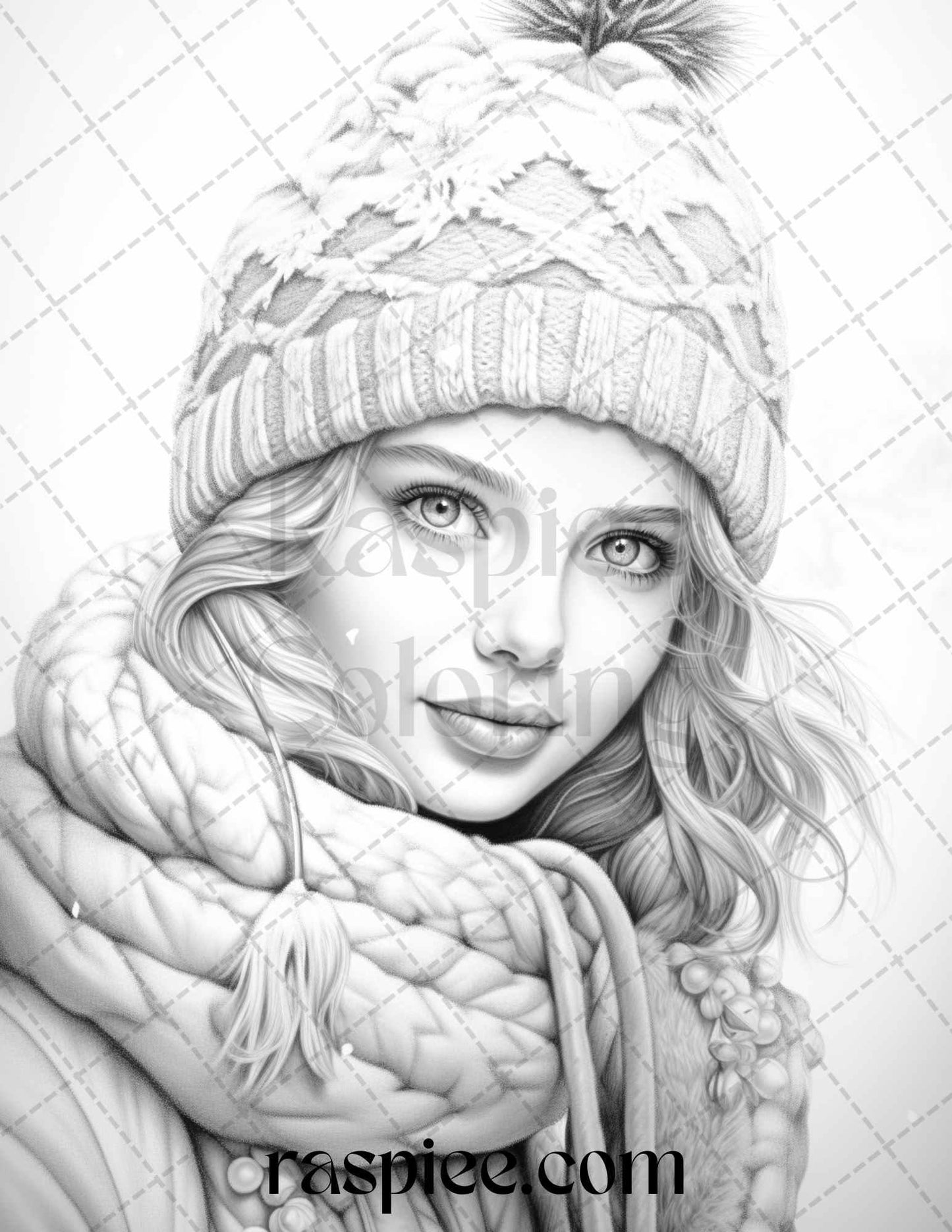 60 Beautiful Winter Girls Grayscale Coloring Pages Printable for Adults, PDF File Instant Download