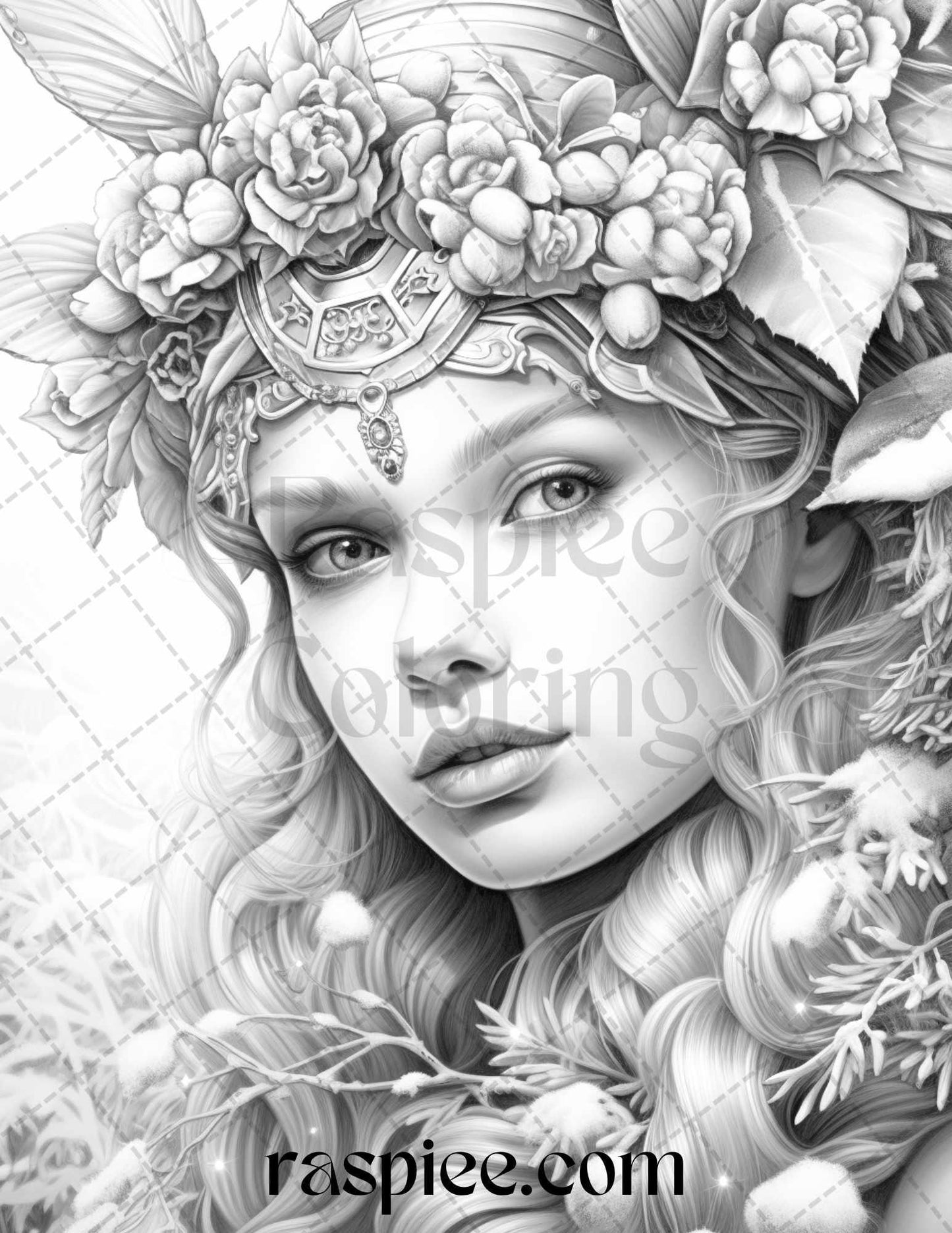 50 Winter Fairy Grayscale Coloring Pages Printable for Adults, PDF File Instant Download