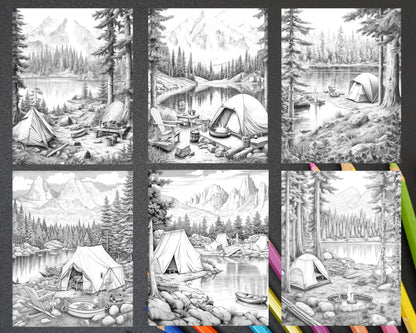 Nature Camping Grayscale Coloring Pages Printable, Relaxing Outdoor Scenes, PDF File Instant Download