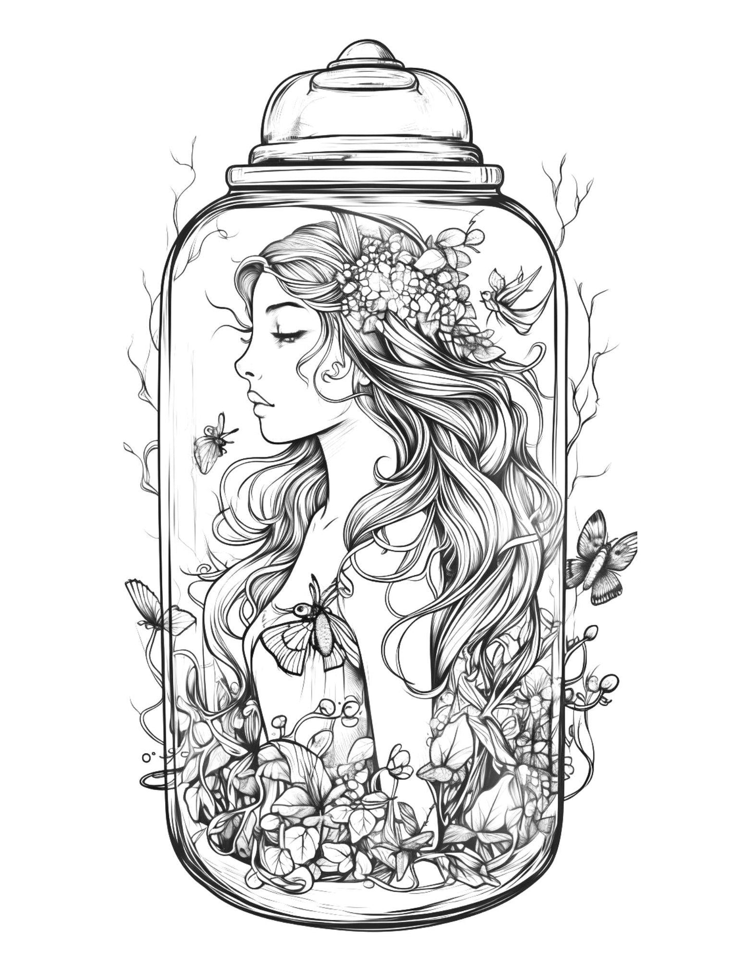 Fairy Girl in Jar Coloring Pages for Adults, Free Printable PDF Instant Download