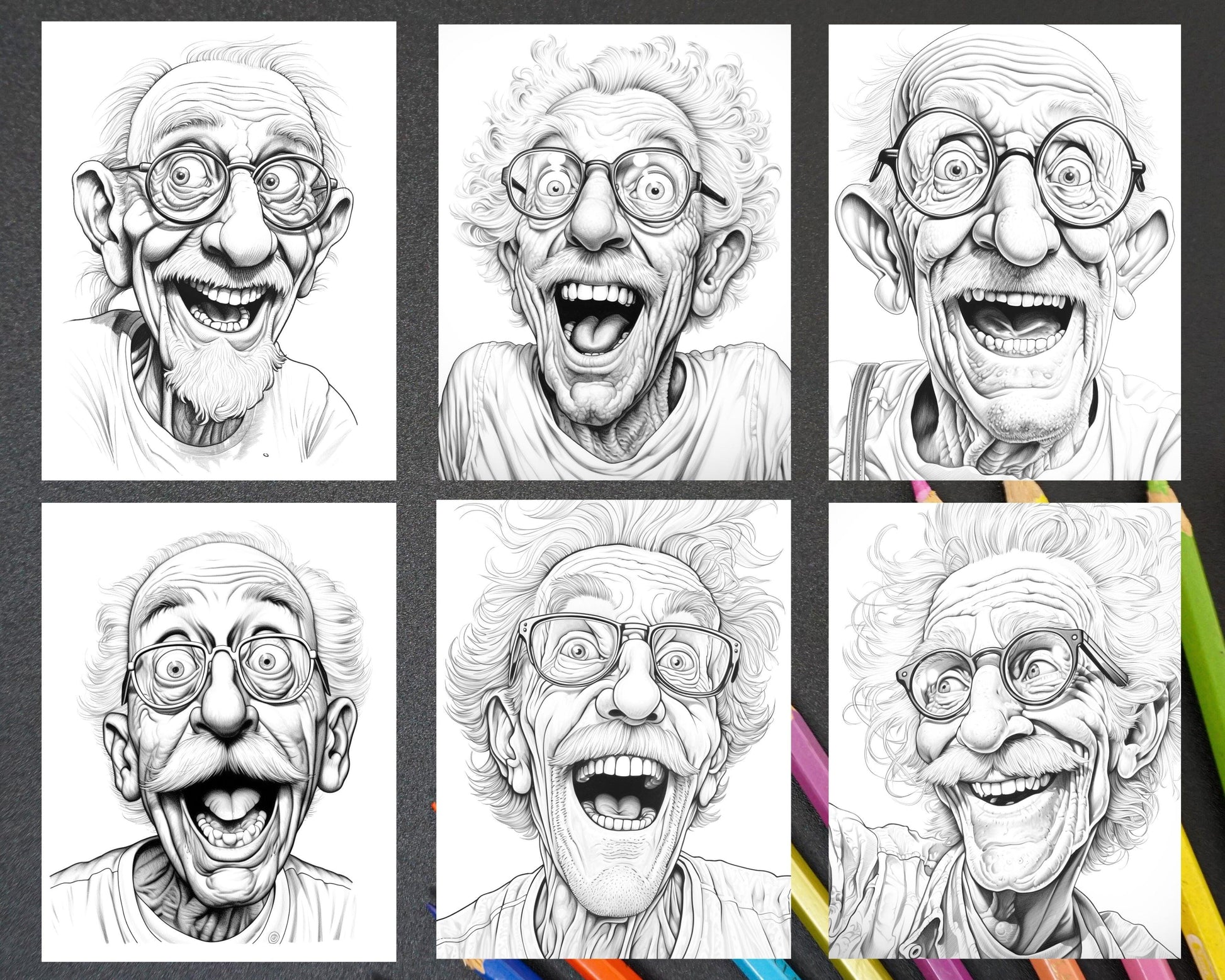 50 Funny Grandpa Grayscale Coloring Pages for Adults, Printable PDF Instant Download