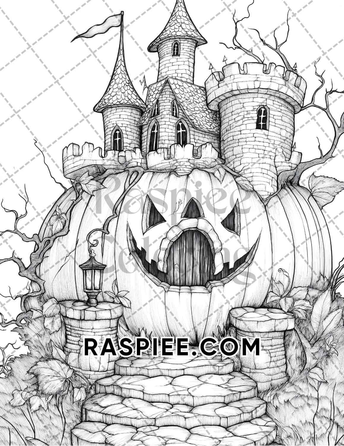 Fantasy Giant Pumpkin Castles Adult Coloring Pages Printable PDF Instant Download