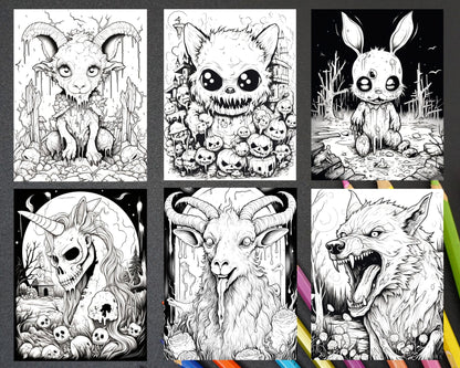 50 Halloween Scary Animals Grayscale Coloring Pages Printable for Adults, PDF File Instant Download