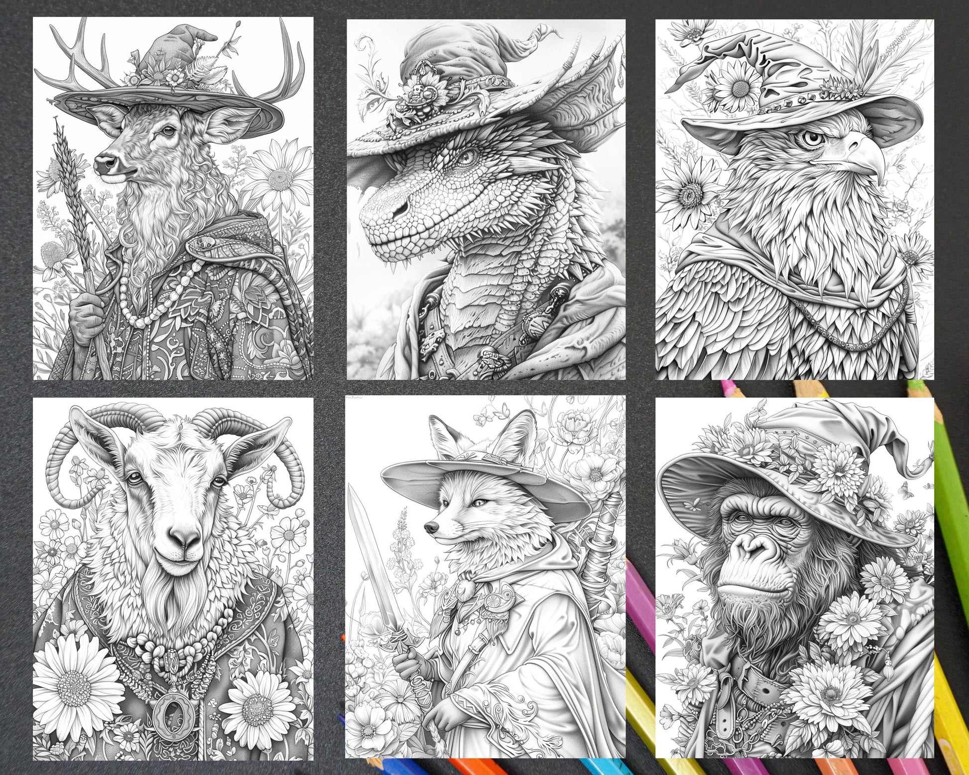 77 Wizard Animals Grayscale Adult Coloring Pages Printable PDF Instant Download