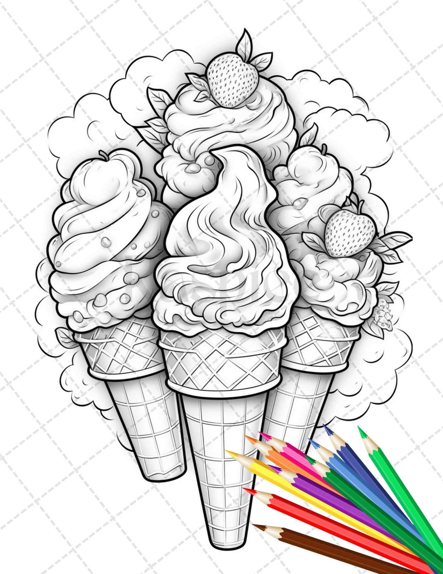 52 Printable Ice Cream Desserts Coloring Pages for Adults and Kids, Grayscale Coloring Page, PDF File Instant Download