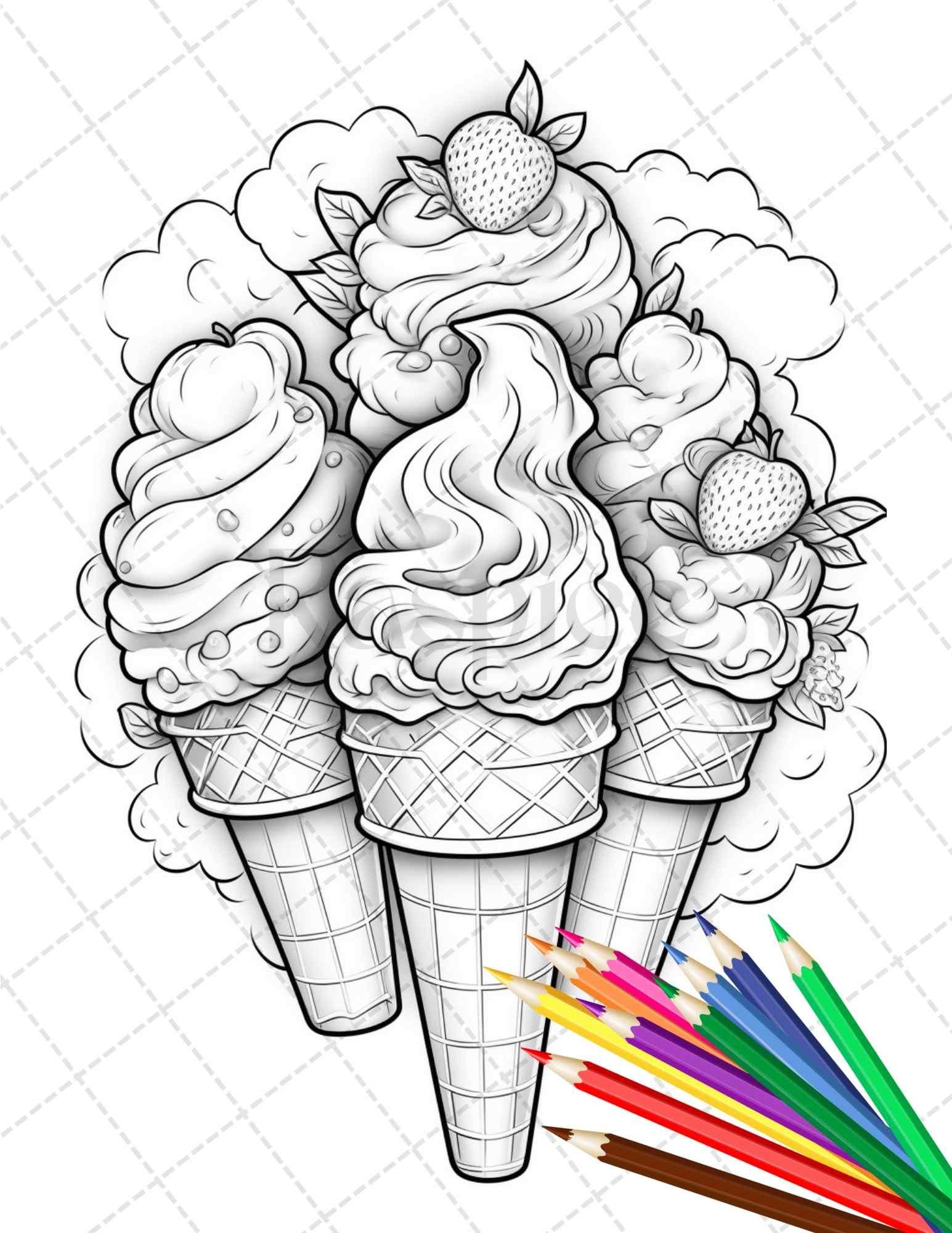 52 Printable Ice Cream Desserts Coloring Pages for Adults and Kids, Grayscale Coloring Page, PDF File Instant Download