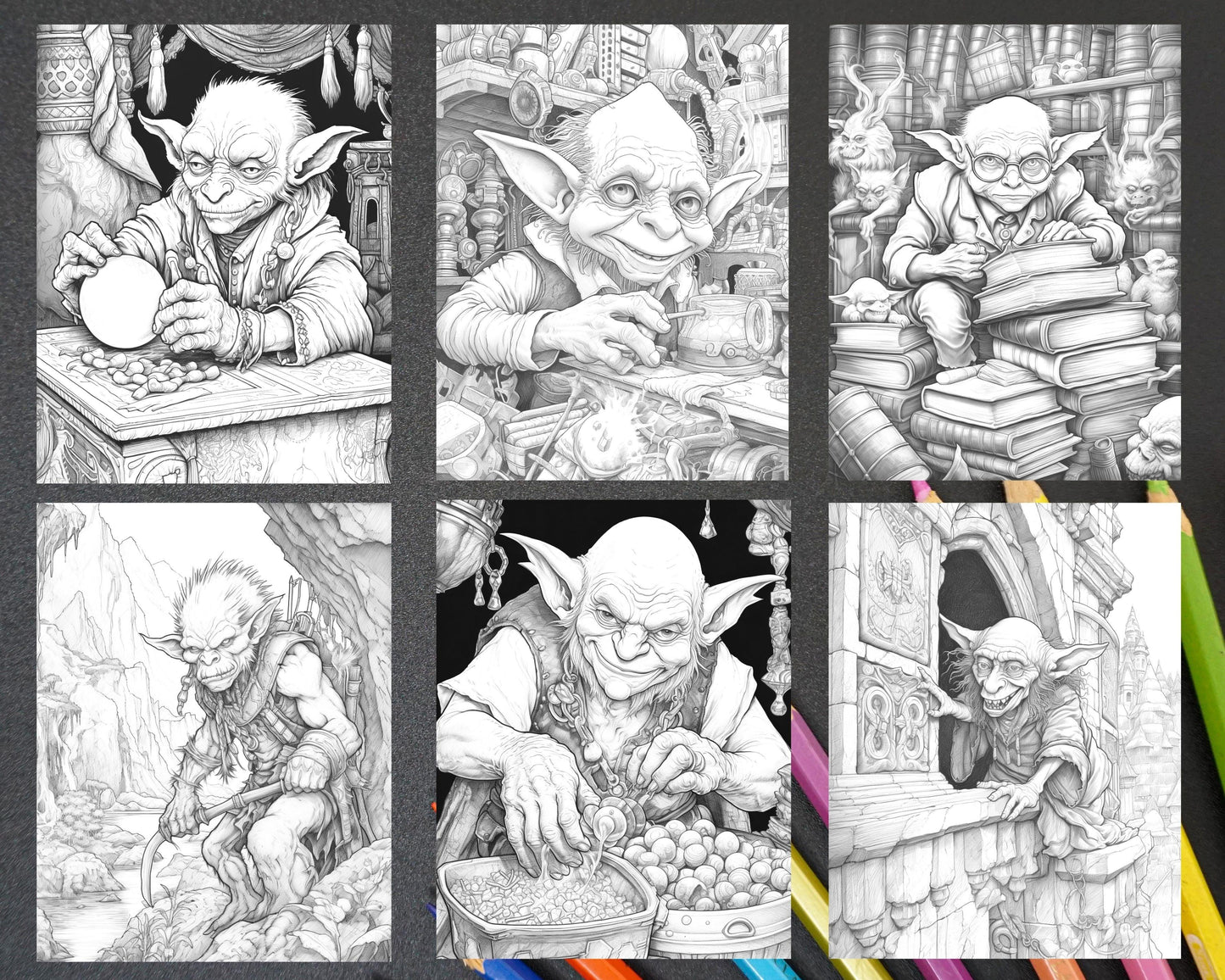 Fantasy Goblins Grayscale Coloring Pages Printable for Adults, PDF File Instant Download