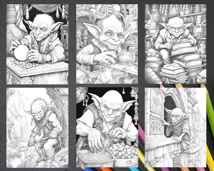 Fantasy Goblins Grayscale Coloring Pages Printable for Adults, PDF File Instant Download