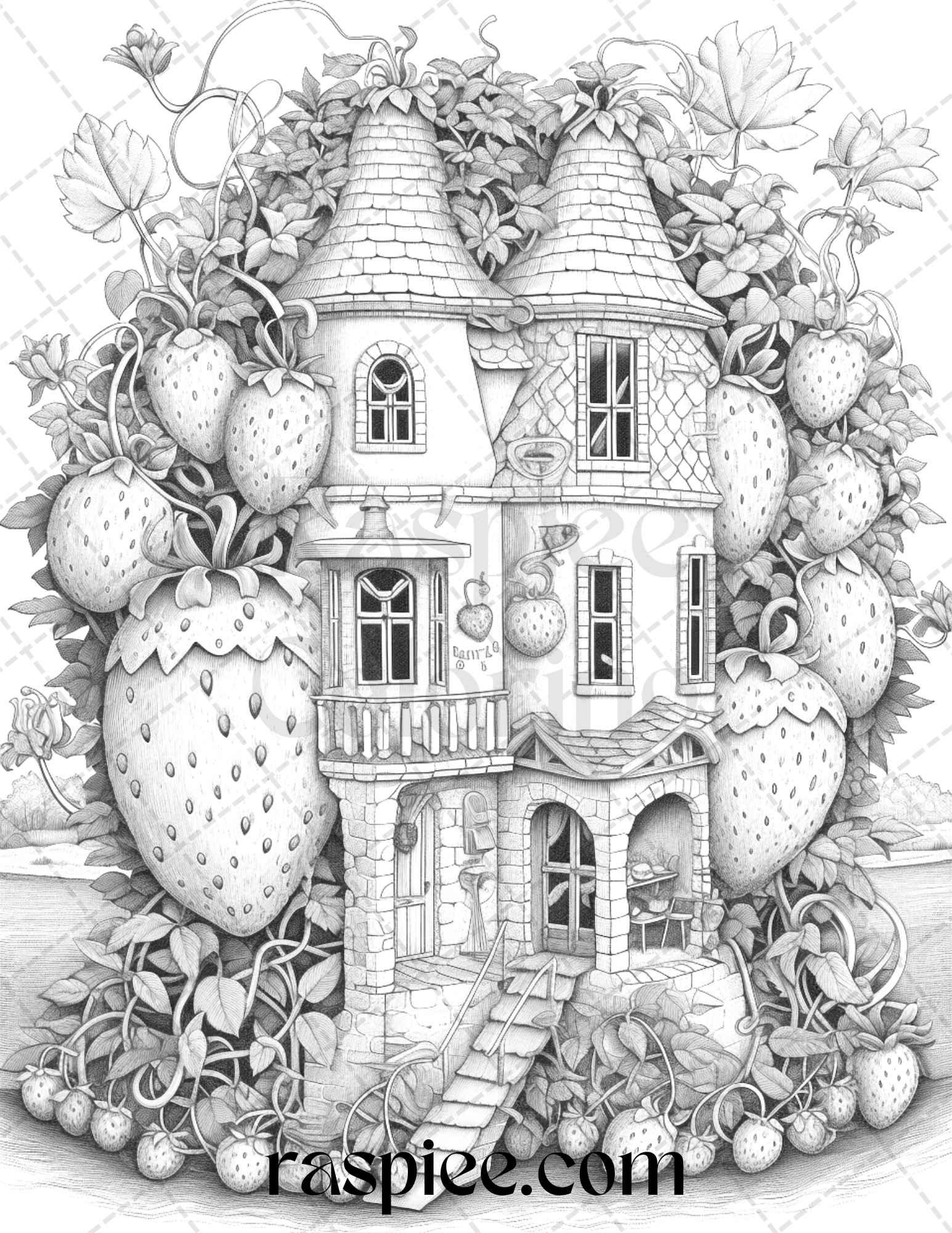50 Strawberry Houses Grayscale Coloring Pages Printable for Adults Kids, PDF File Instant Download