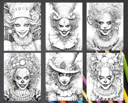 50 Scary Clown Girls Grayscale Coloring Pages Printable for Adults, PDF File Instant Download