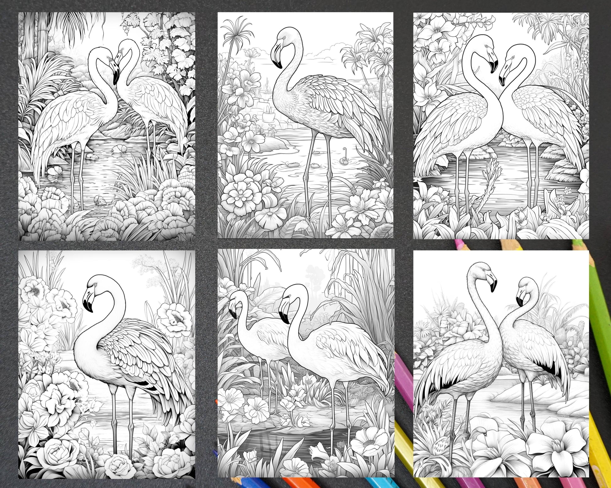 Flamingo Oasis Grayscale Coloring Pages Printable for Adults, PDF File Instant Download